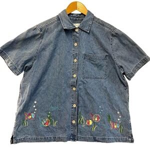 CJ Banks VTG Denim Embroidered Shirt Womens X (14-16) Short Sleeve Button Up Top